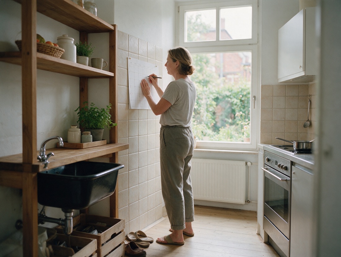 Eine Frau schreibt an einem Wochenplan, der in der Küche an der Wand hängt.