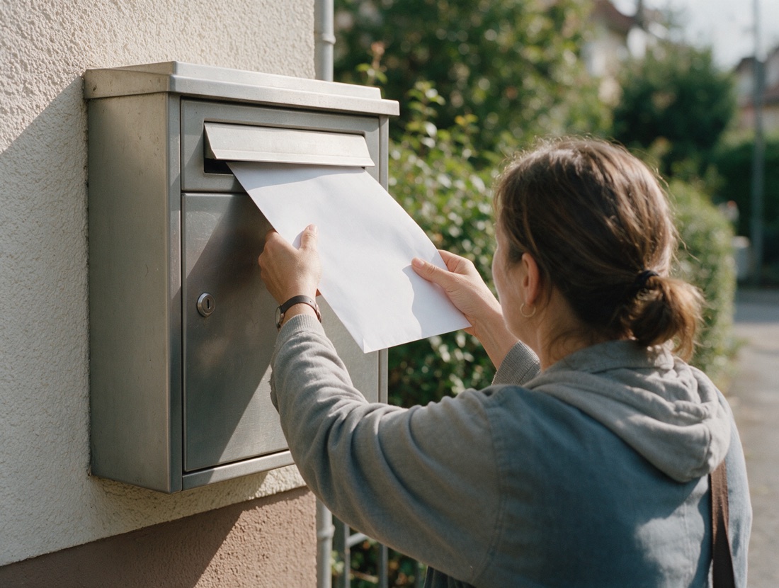 Eine Hand wirft einen großen Umschlag in einen Briefkasten an einer Hauswand.