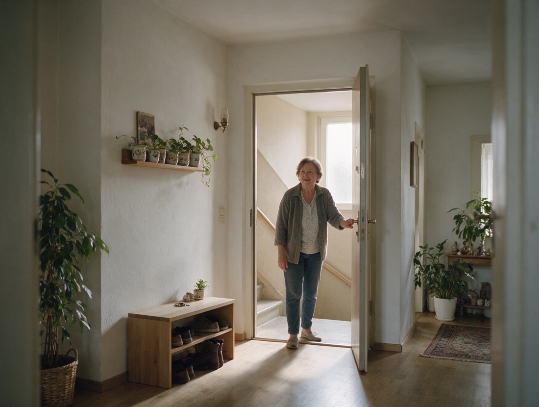Eine ältere Frau öffnet ihre Wohnungstür, Tageslicht fällt herein.