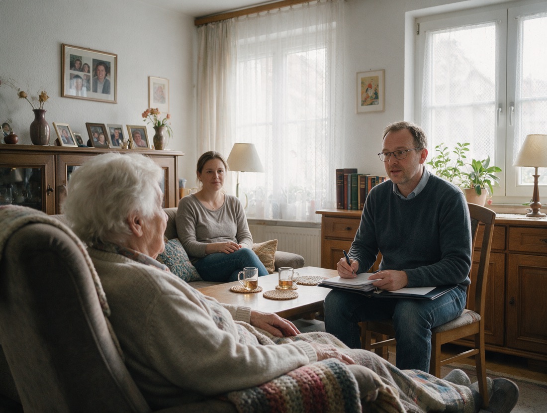 Ein Gutachter sitzt mit Notizen einer älteren Frau und ihrer Tochter im Wohnzimmer gegenüber.