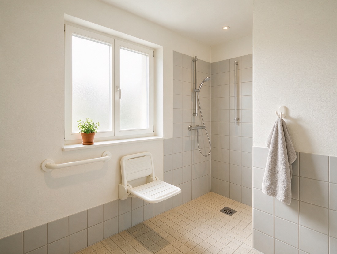 Ein umgebautes Bad mit bodengleicher Dusche, Haltegriff und klappbarem Duschsitz.