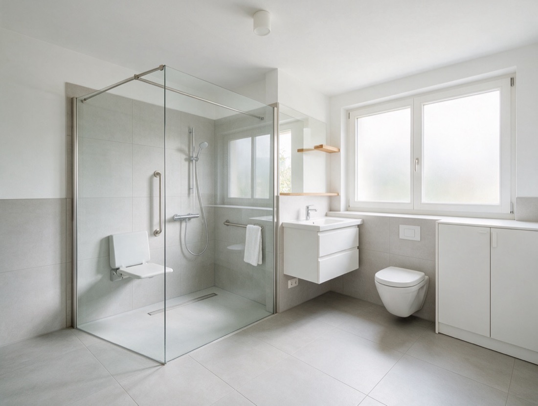 Ein Bad mit bodengleicher Dusche, klappbarem Duschsitz und Haltegriff.
