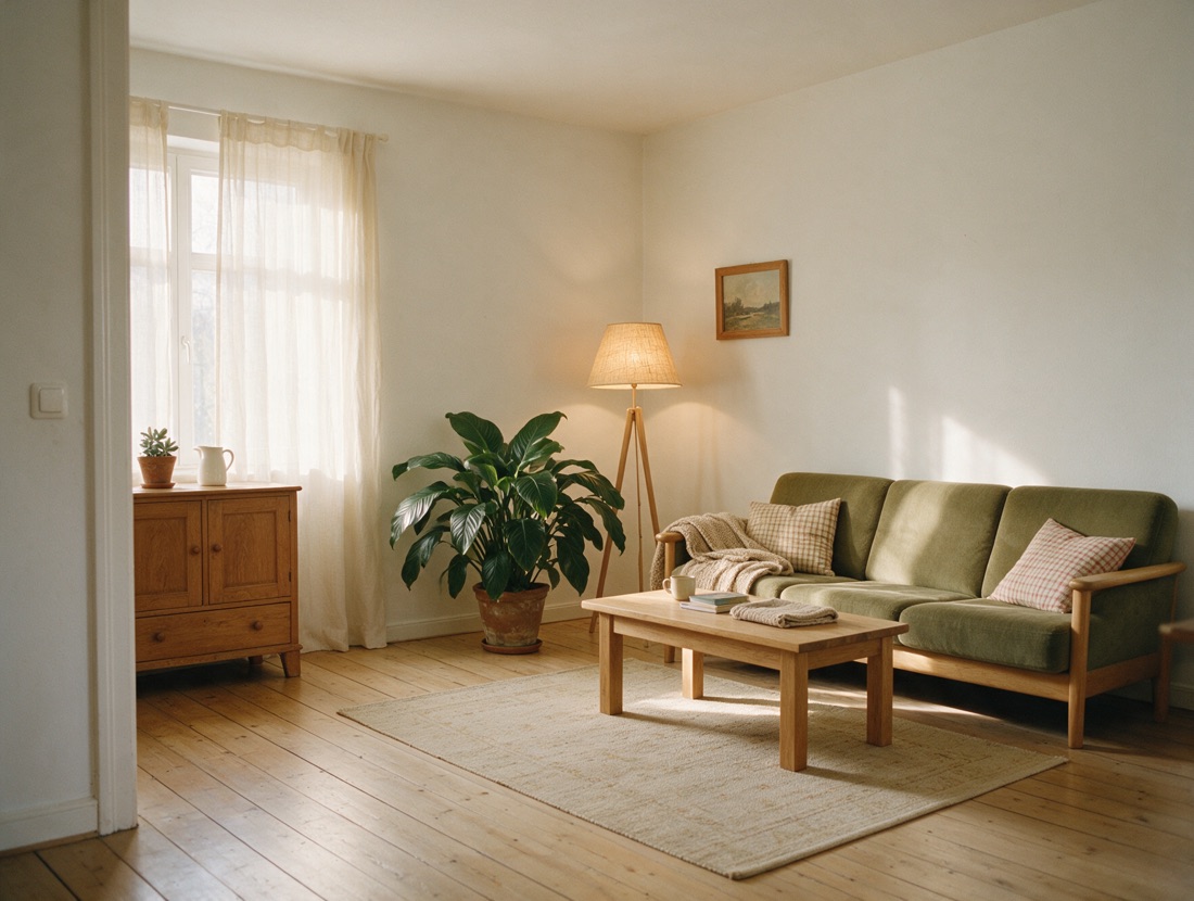 Ein aufgeräumtes Wohnzimmer mit freiem Weg zwischen Sofa und Tisch und einer Stehlampe in der Ecke.