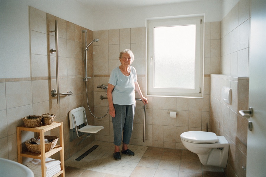 Eine ältere Frau hält sich an einem Haltegriff neben einer bodengleichen Dusche fest, eine Betreuungskraft stützt sie.